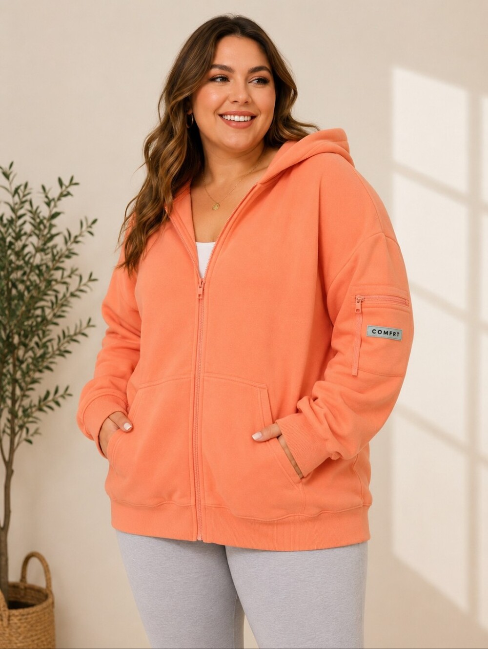 🧡 Comfrt Oversized Zip-Up Hoodie Sweatshirt 3XL Peach Orange | Cozy Fleece Loun